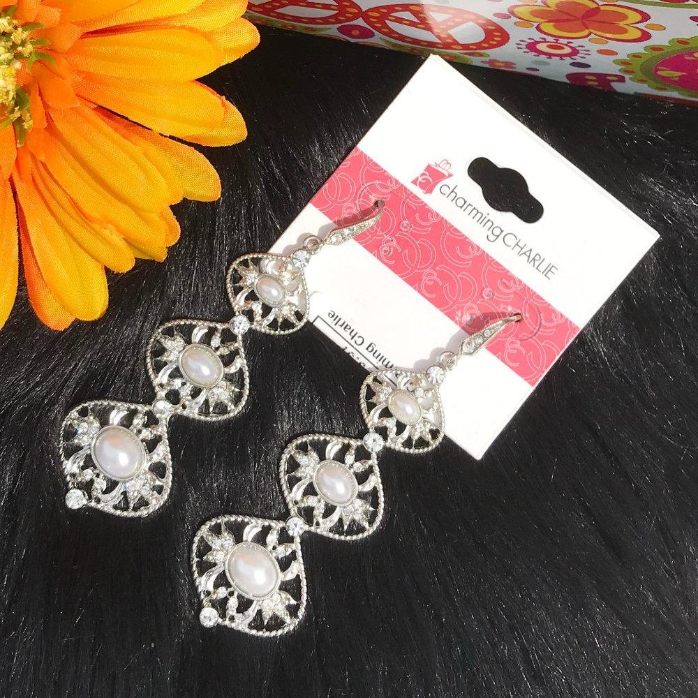 Long Boho Earrings Drop Pearls Crystal Bling Silvertone Dressy Dangles Bridal
